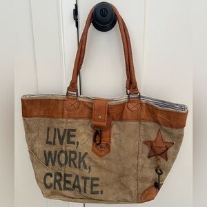 Live work create tote shoulder bag distressed faux leather star key
